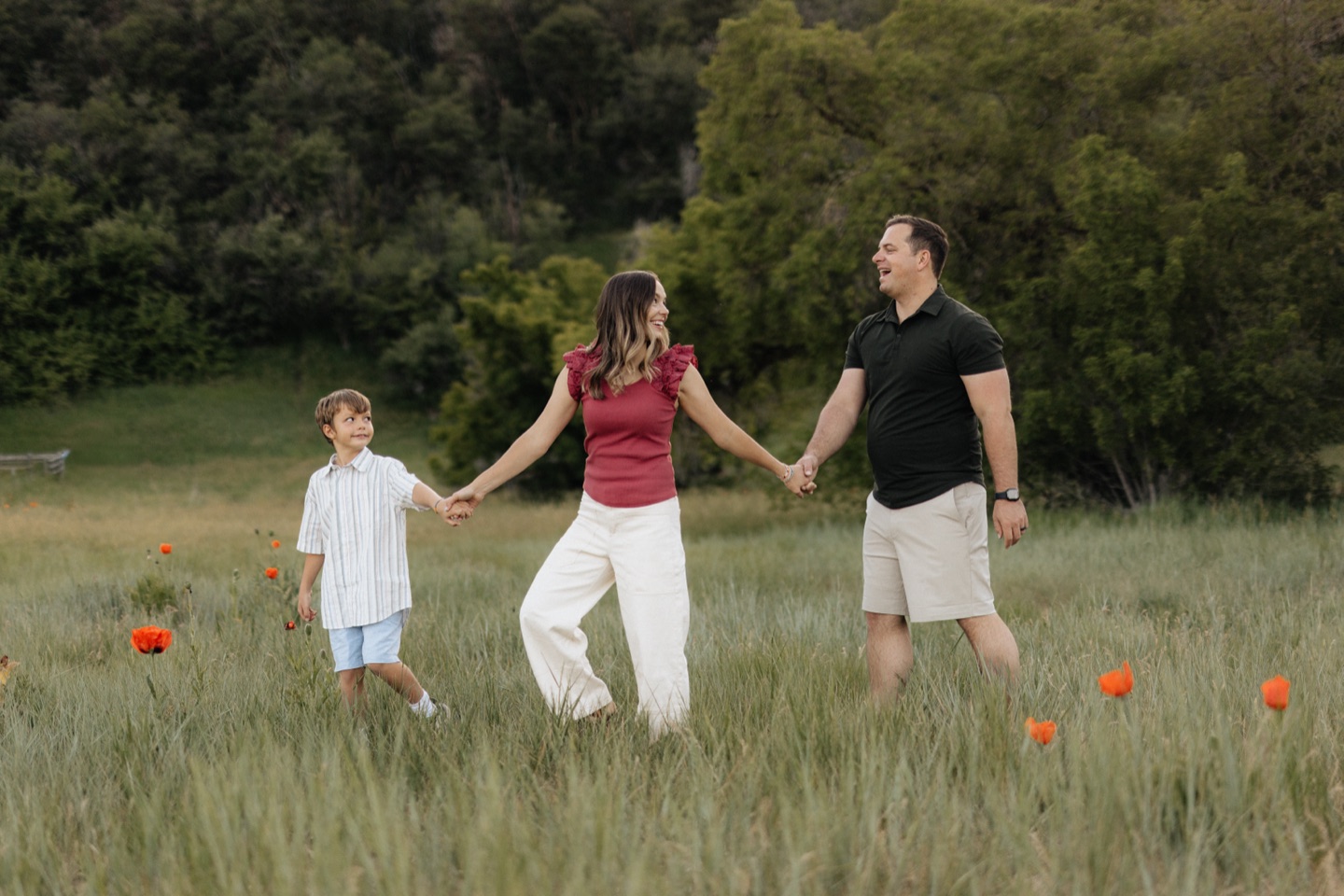 Matt, Mookie and Ollie walking together through a field of poppies