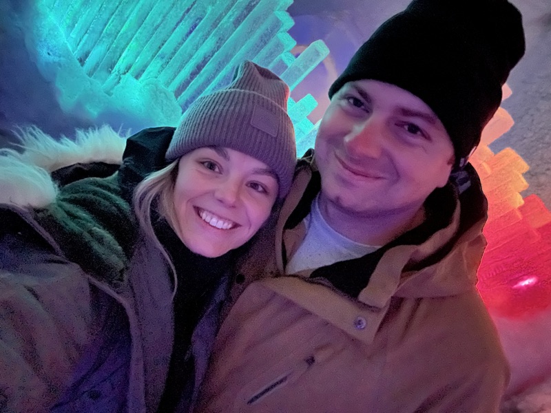 Matt and Mookie at the ice castles at night